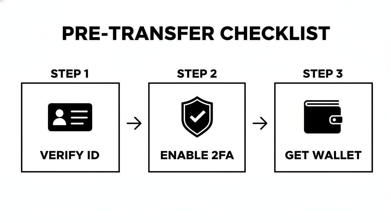 A pre-transfer checklist infographic with three steps: Verify ID, Enable 2FA, and Get Wallet.