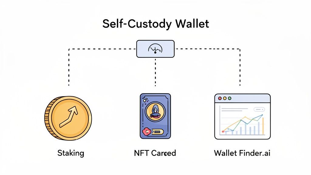 Diagram showing a self-custody wallet connected to staking, NFT assets, and a wallet finder tool.
