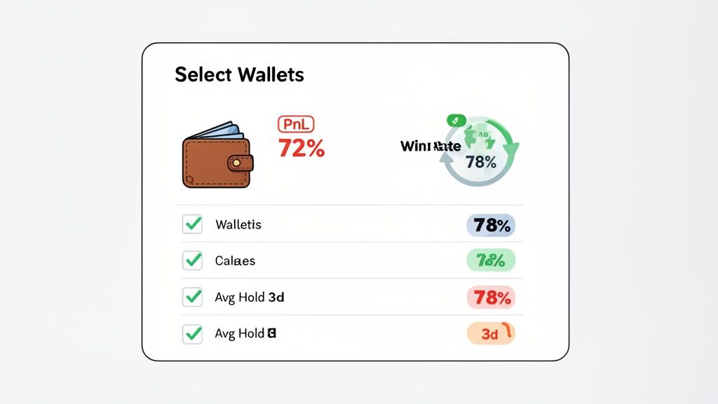 A digital dashboard for selecting wallets, showing PnL 72%, Win Rate 78%, and wallet statistics.