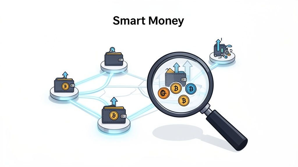 An illustration of smart money tracking cryptocurrency movements across a network of digital wallets.