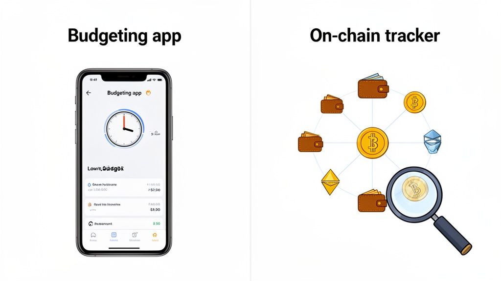 Side-by-side comparison of a mobile budgeting app screen and an on-chain cryptocurrency tracker with wallets.