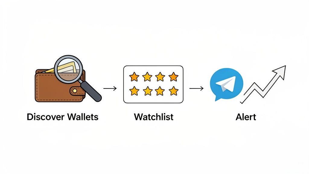 Diagram showing discovering wallets with a magnifying glass, adding to a watchlist, and receiving Telegram alerts.