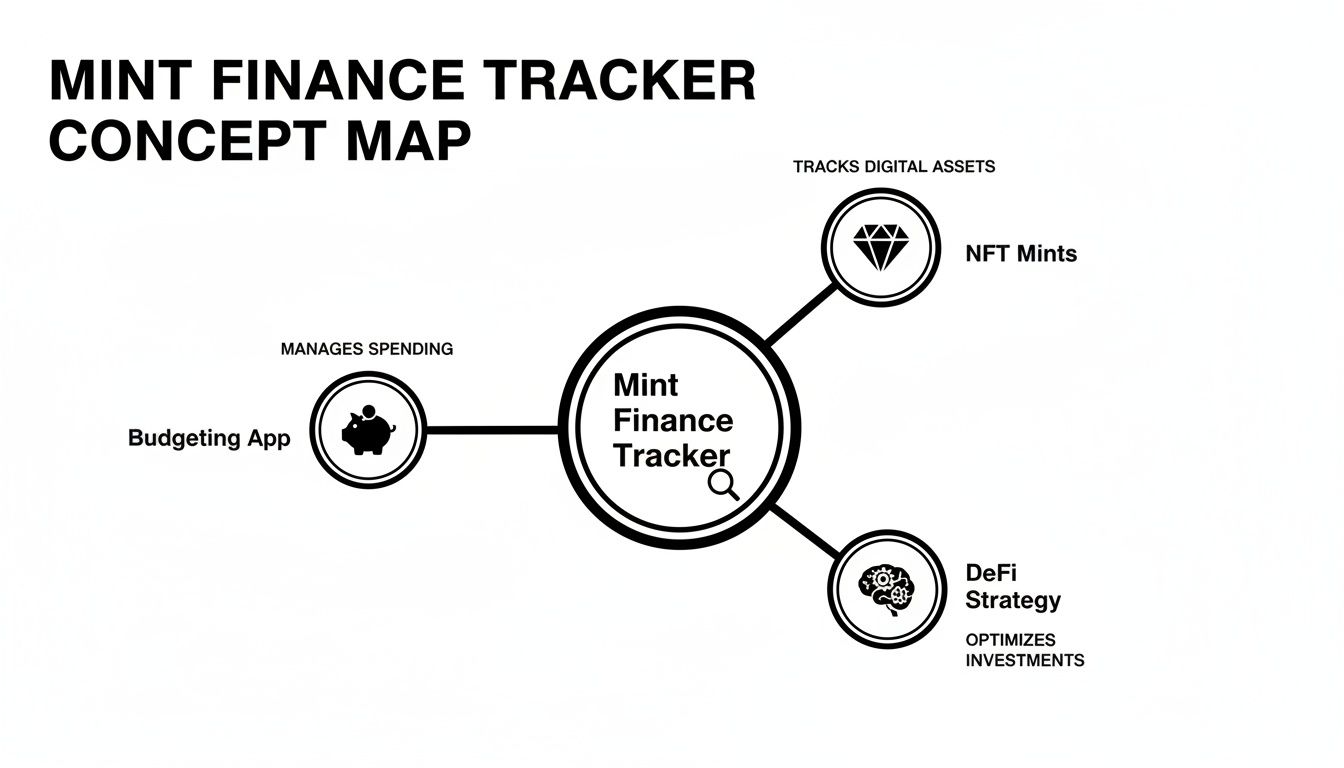 A concept map illustrating Mint Finance Tracker's functions: budgeting, NFT mints, and DeFi strategy.