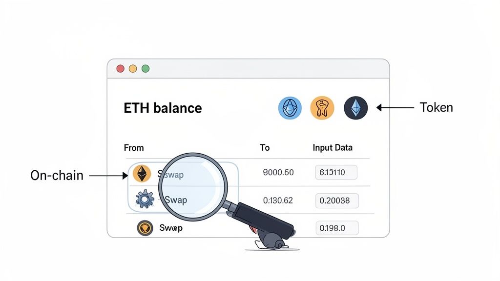 An interface displaying ETH balance and transaction details with a magnifying glass examining on-chain swaps and tokens.