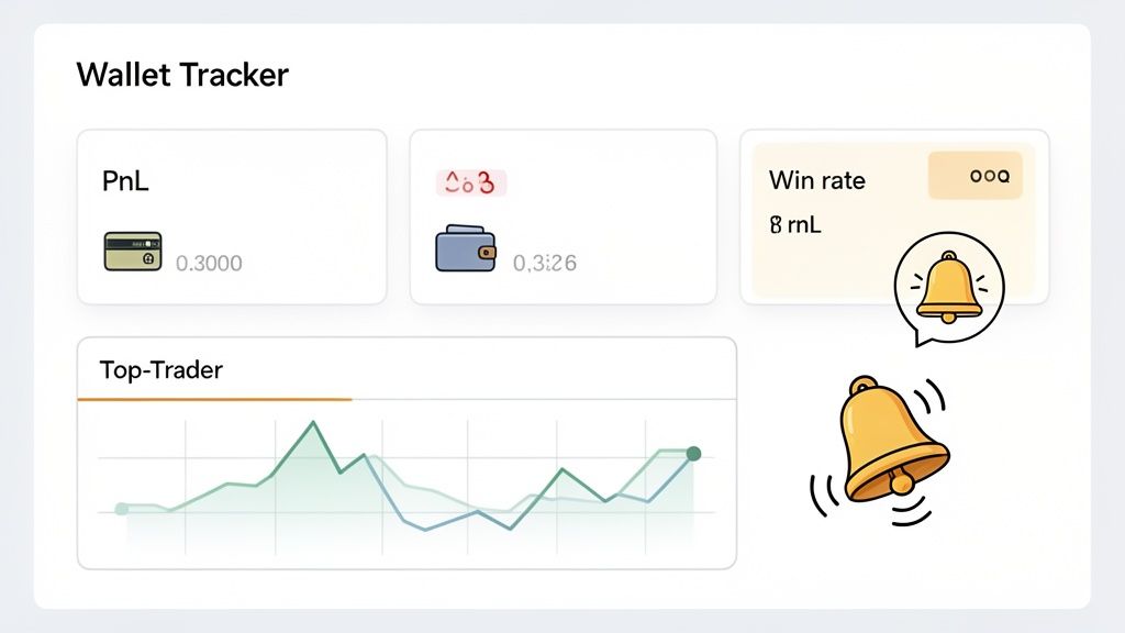 A wallet tracker dashboard displays PnL, wallet balance, win rate, and a 'Top-Trader' performance graph, with animated bell notifications.