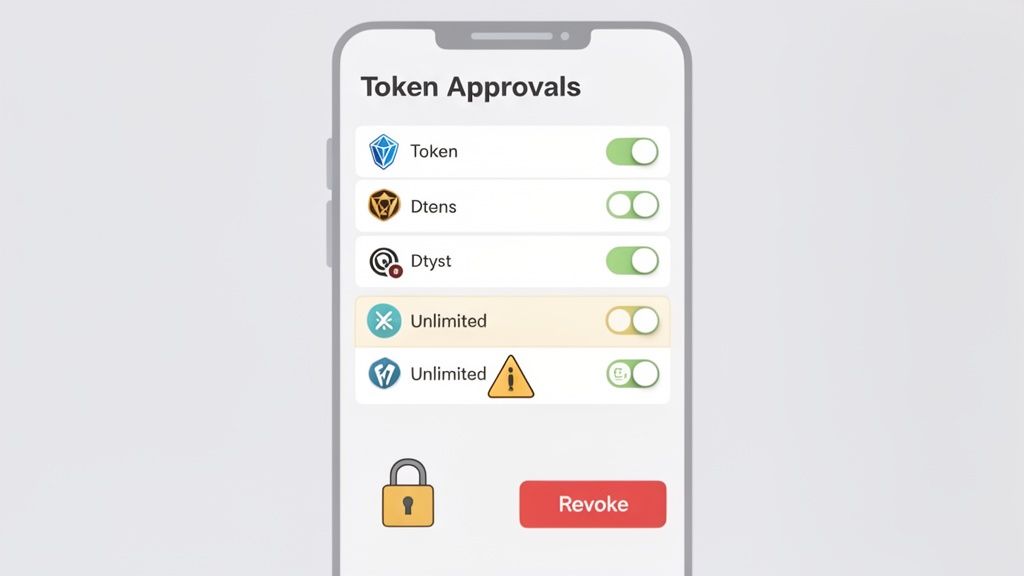 A smartphone screen displaying a blockchain wallet's token approvals interface with several active toggles.