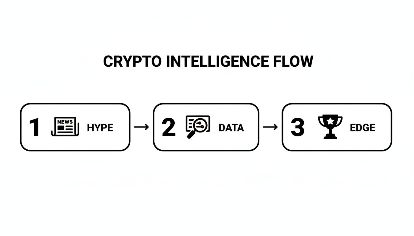 A diagram illustrating the Crypto Intelligence Flow with three steps: Hype, Data, and Edge.