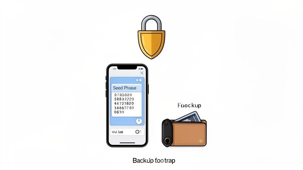 An illustration showing a phone with a seed phrase, a hardware wallet, and a padlock, symbolizing secure crypto backup.