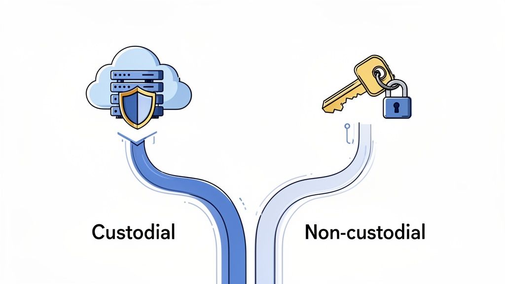 An illustration comparing custodial and non-custodial asset management, showing a cloud server and a key with a padlock.