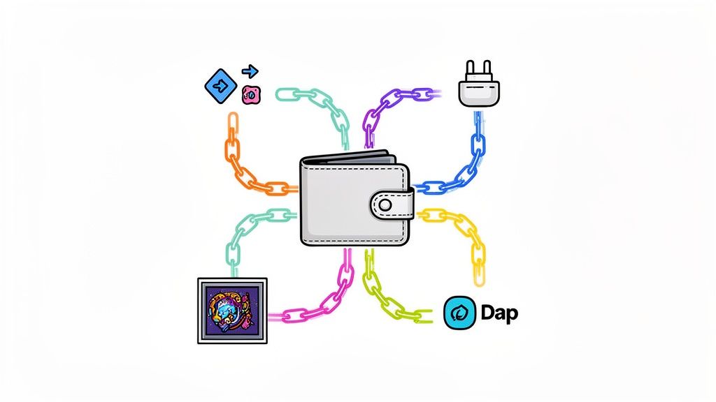 A grey crypto wallet connected by colorful chains to diverse digital assets and applications, including a plug, NFT, and Dapp.