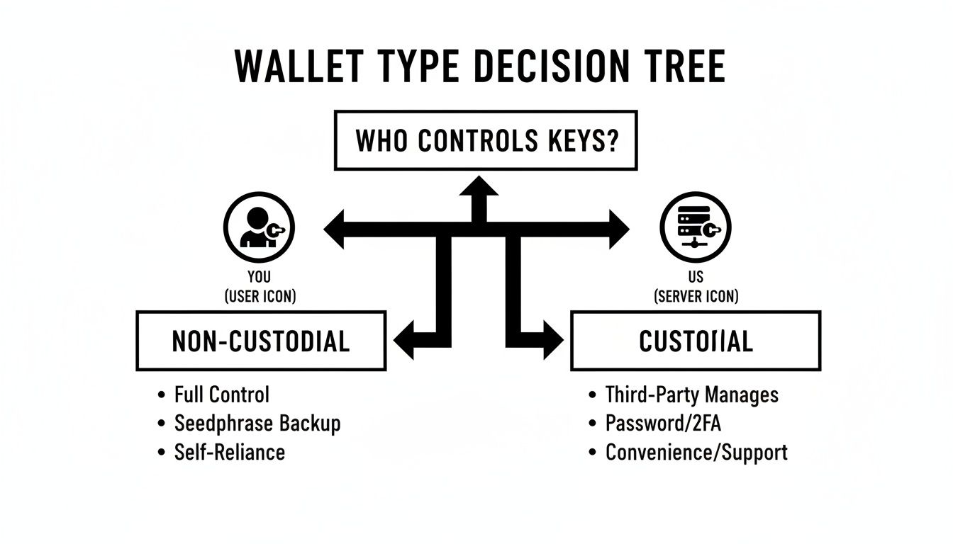 A decision tree illustrates crypto wallet types: non-custodial (you control keys) and custodial (third-party controls keys).