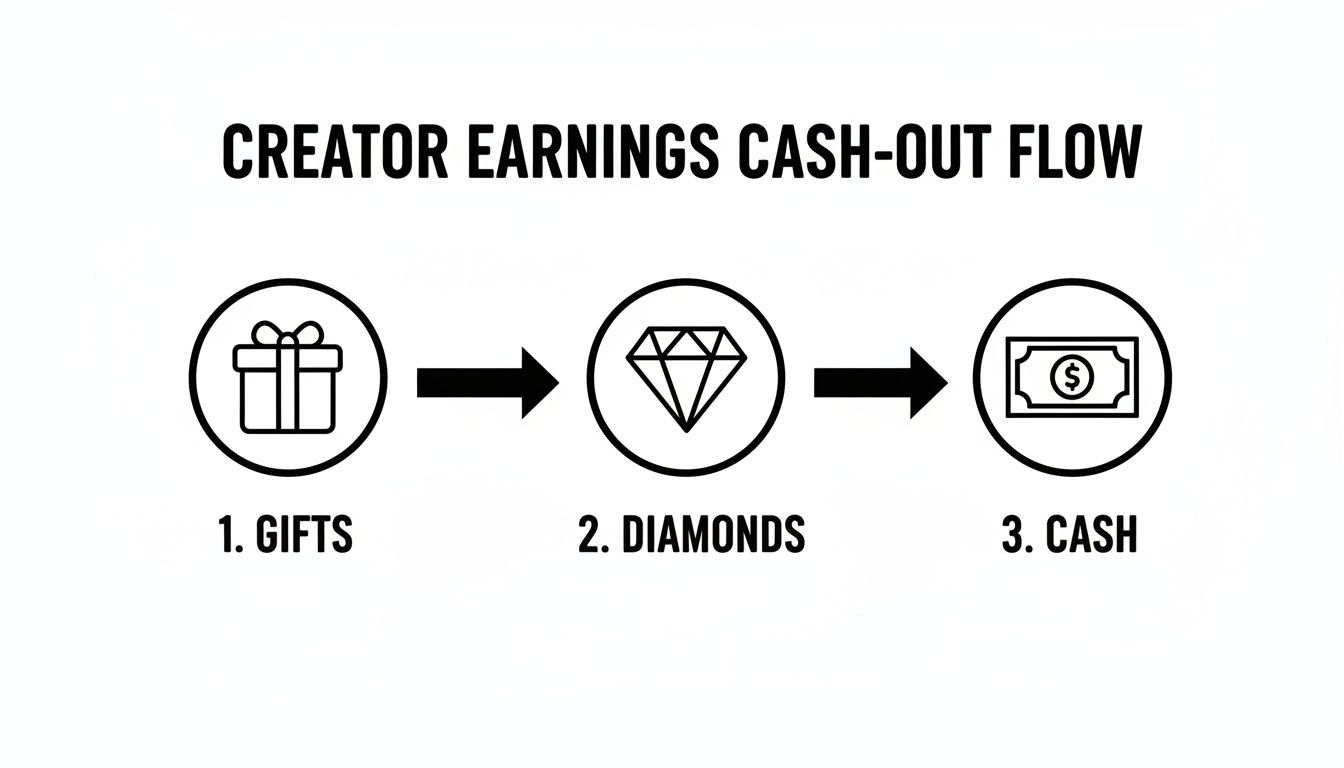 Flow chart illustrating the creator earnings cash-out process: gifts convert to diamonds, which then convert to cash.