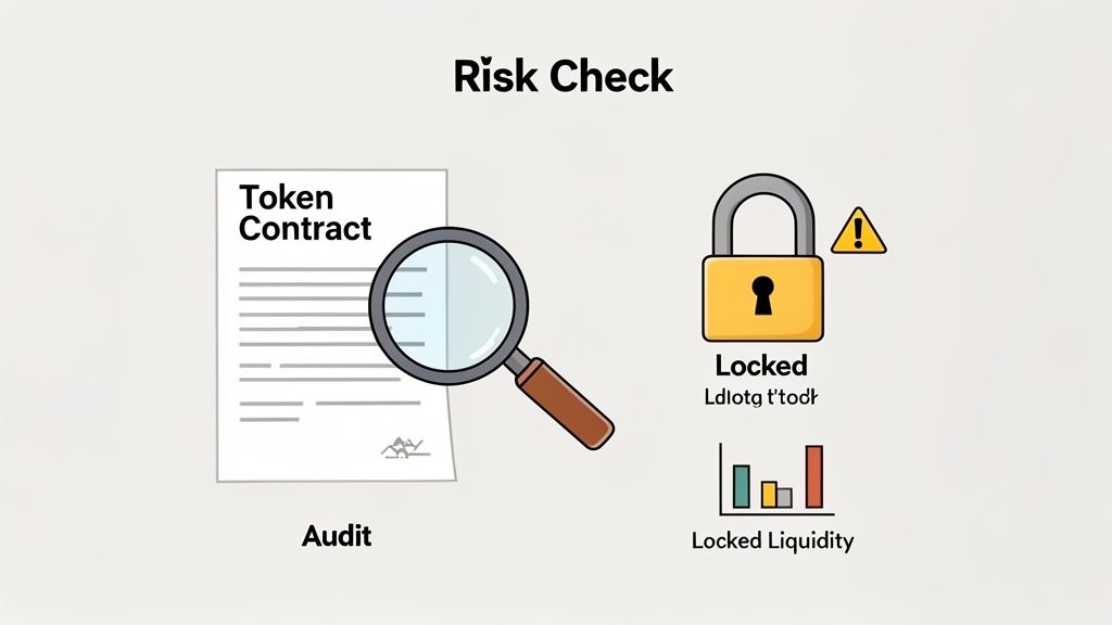An illustration showing a risk check process with a token contract audit and locked liquidity.