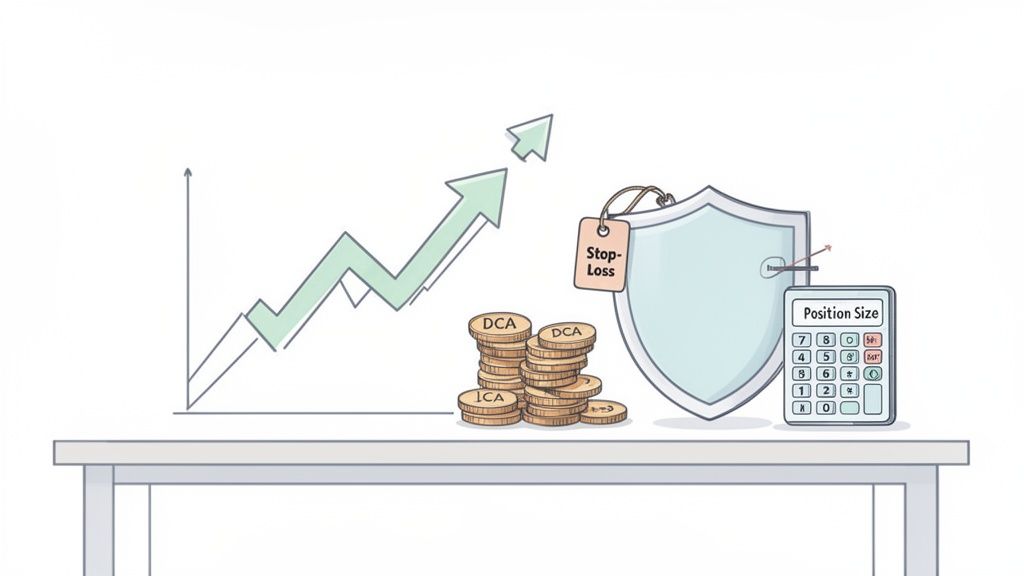 Illustration of investment strategies with a growth chart, DCA coins, stop-loss, and position size calculator.