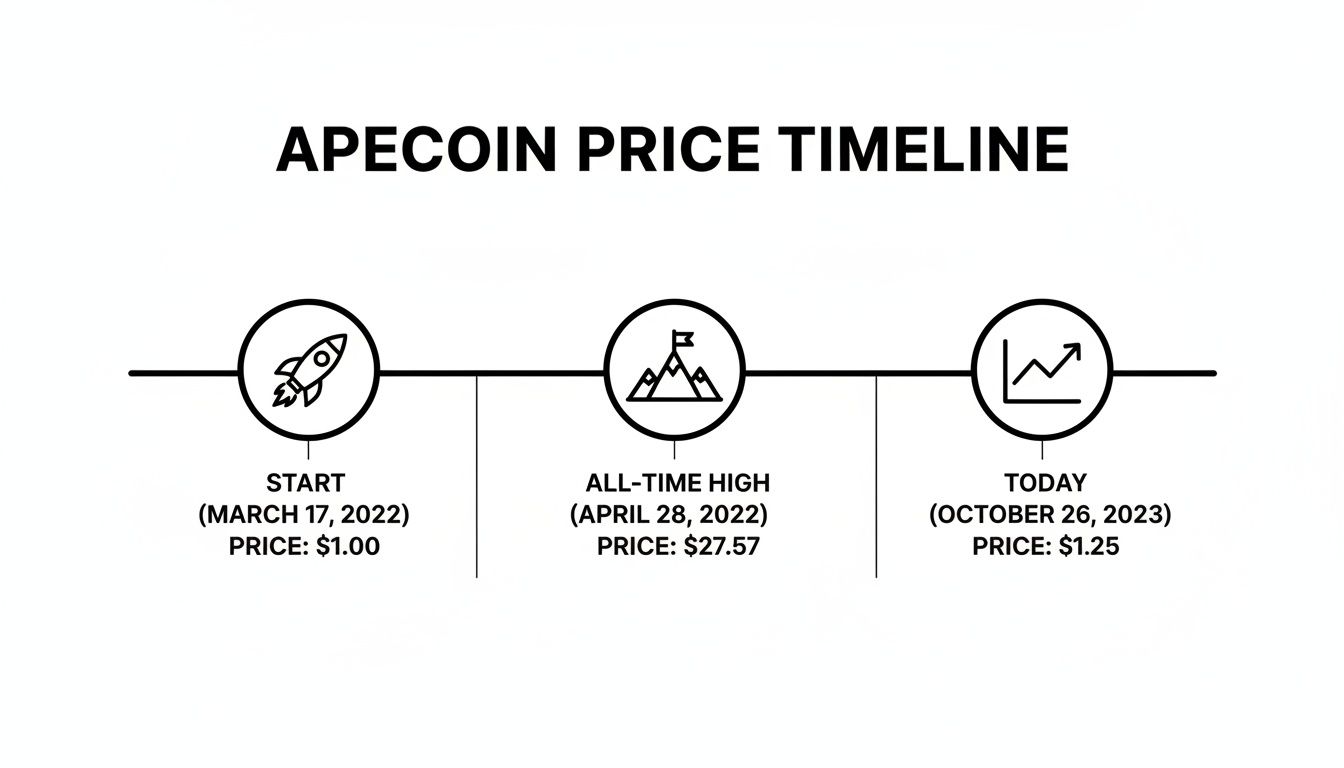 A timeline illustrating ApeCoin's price from its launch, all-time high, to its current value.