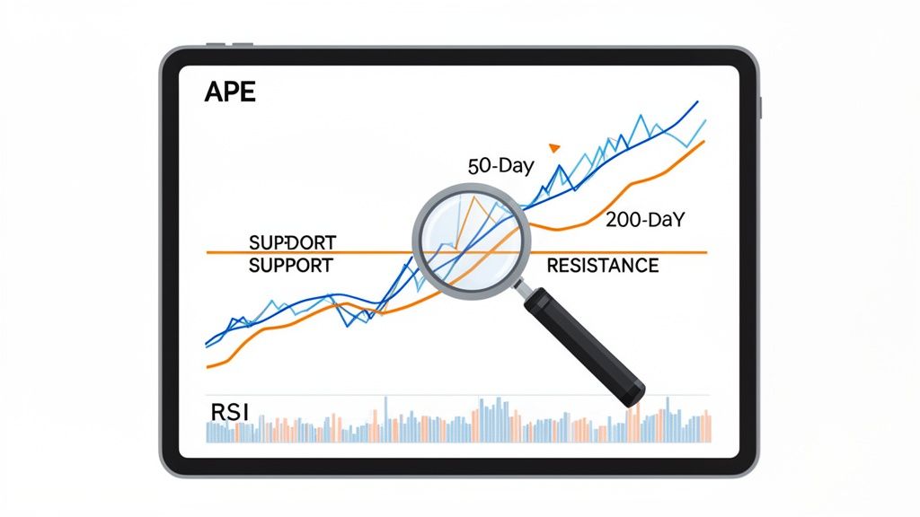 A financial chart on a tablet shows APE coin trends with moving averages, support, and resistance.