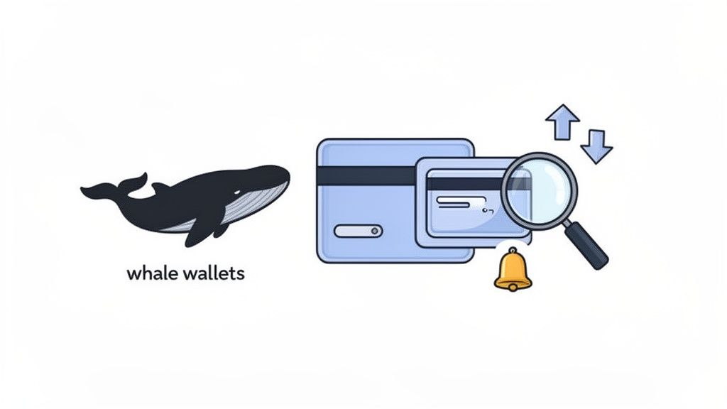 Illustration showing a whale and text 'whale wallets' next to credit cards, a magnifying glass, bell, and arrows, depicting financial tracking.