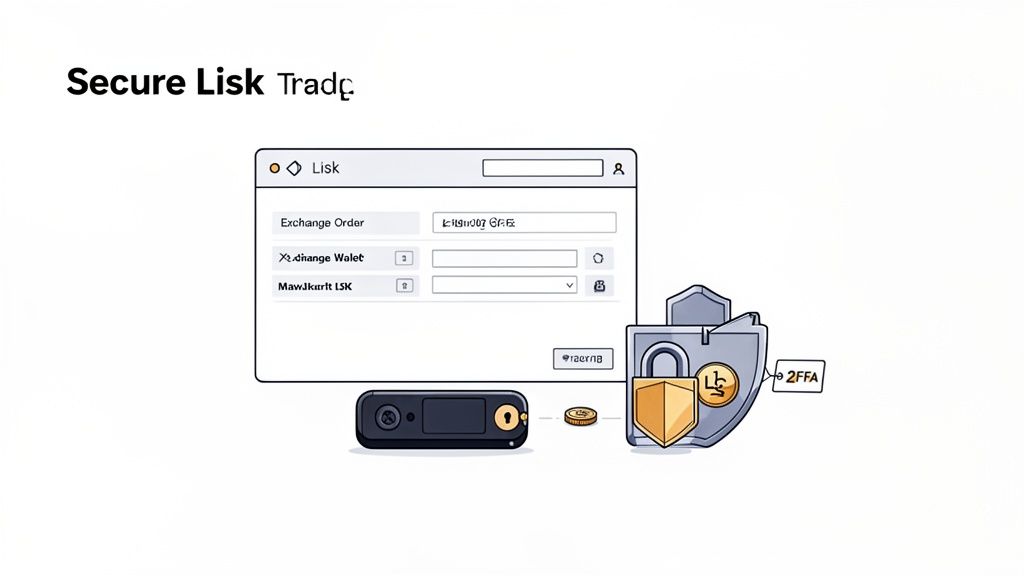An illustration of secure Lisk cryptocurrency trading with a hardware wallet, interface, and 2FA.