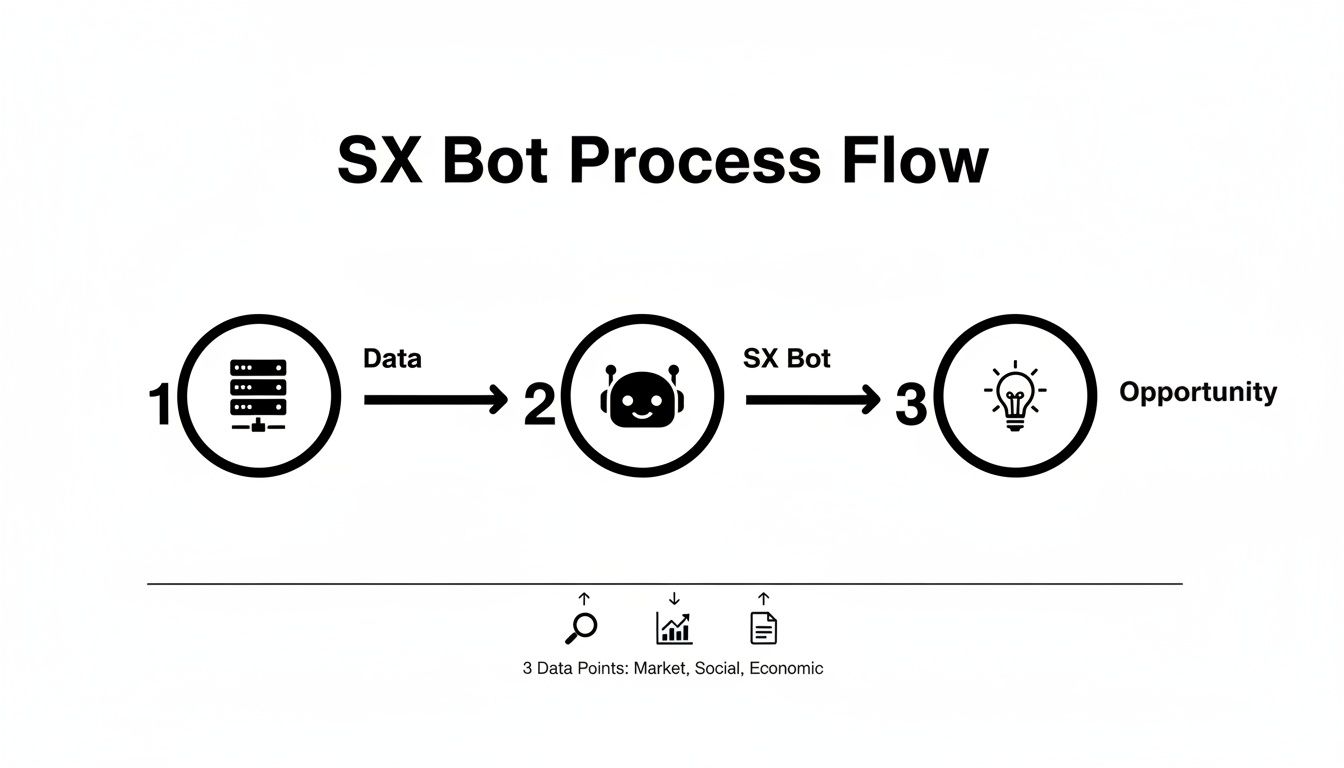 Diagram illustrating the SX Bot process flow, from data input and analysis to identifying opportunities.