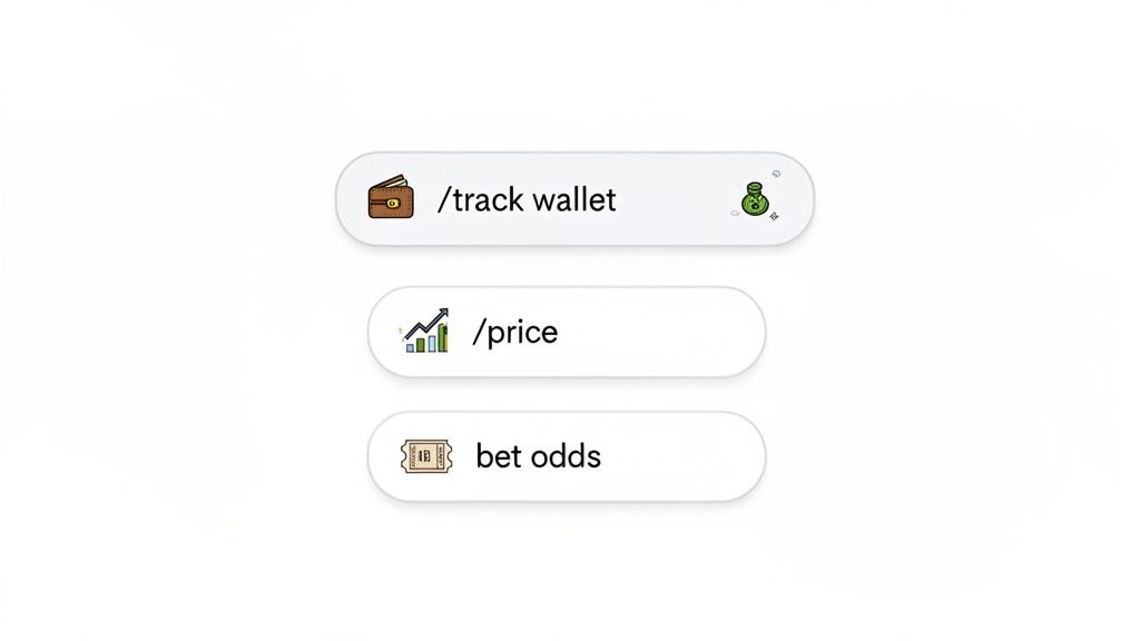 Three bot commands displayed: track wallet with a wallet icon, price with a chart icon, and bet odds with a ticket icon.
