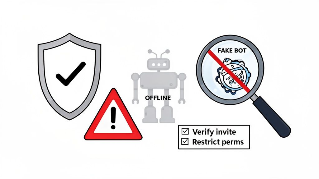 Visual guide to Discord bot security: shield, warning, offline bot, fake bot detection, and verified invite/restricted permissions.