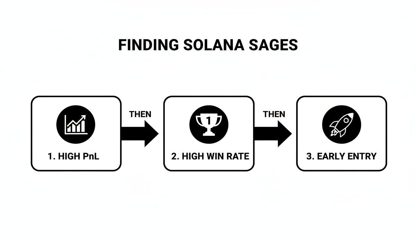 Flowchart illustrating three criteria for finding Solana Sages: high PnL, high win rate, and early entry.