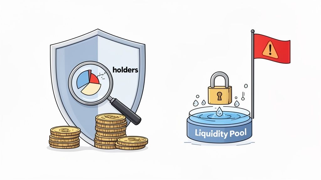 Illustration depicting security for token holders with a pie chart and coins, and a locked liquidity pool with a warning.