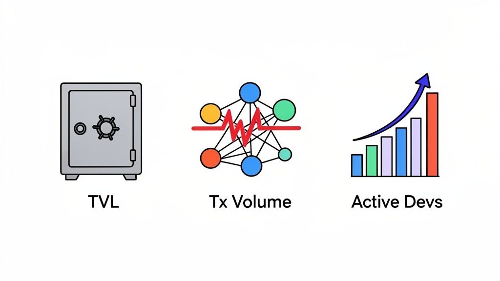 Three icons representing key blockchain metrics: Total Value Locked, Transaction Volume, and Active Developers.