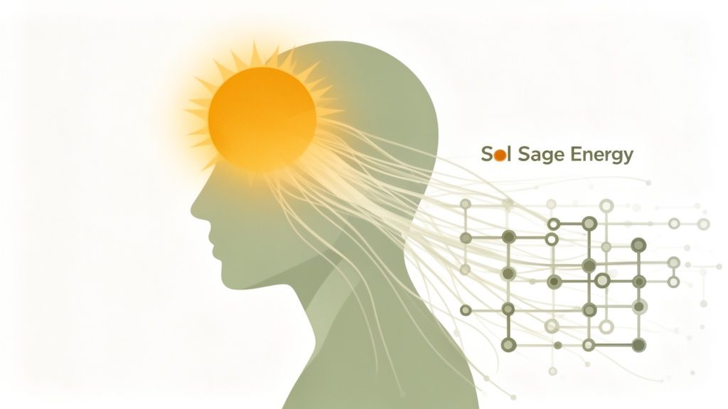 Stylized illustration of a human head with a radiant sun, transmitting energy to a network structure.