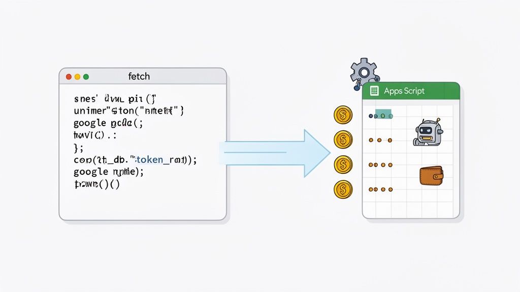 Code from a 'fetch' window processing tokens and interacting with 'Apps Script' to generate virtual assets.