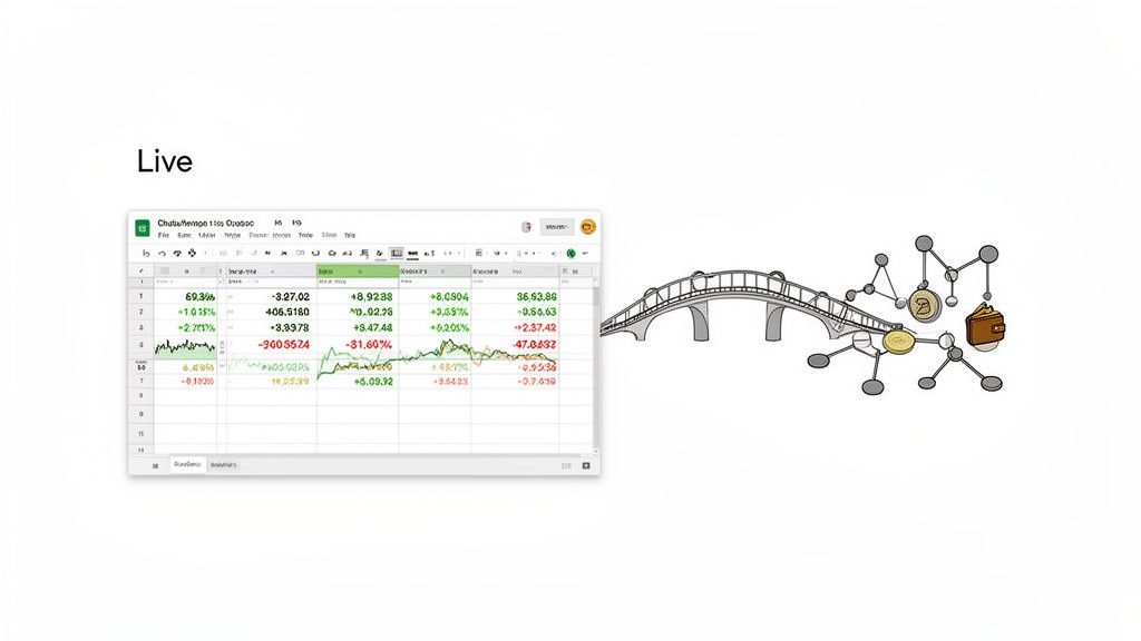 Live spreadsheet displaying financial data with charts, connected via a bridge to a digital asset network.
