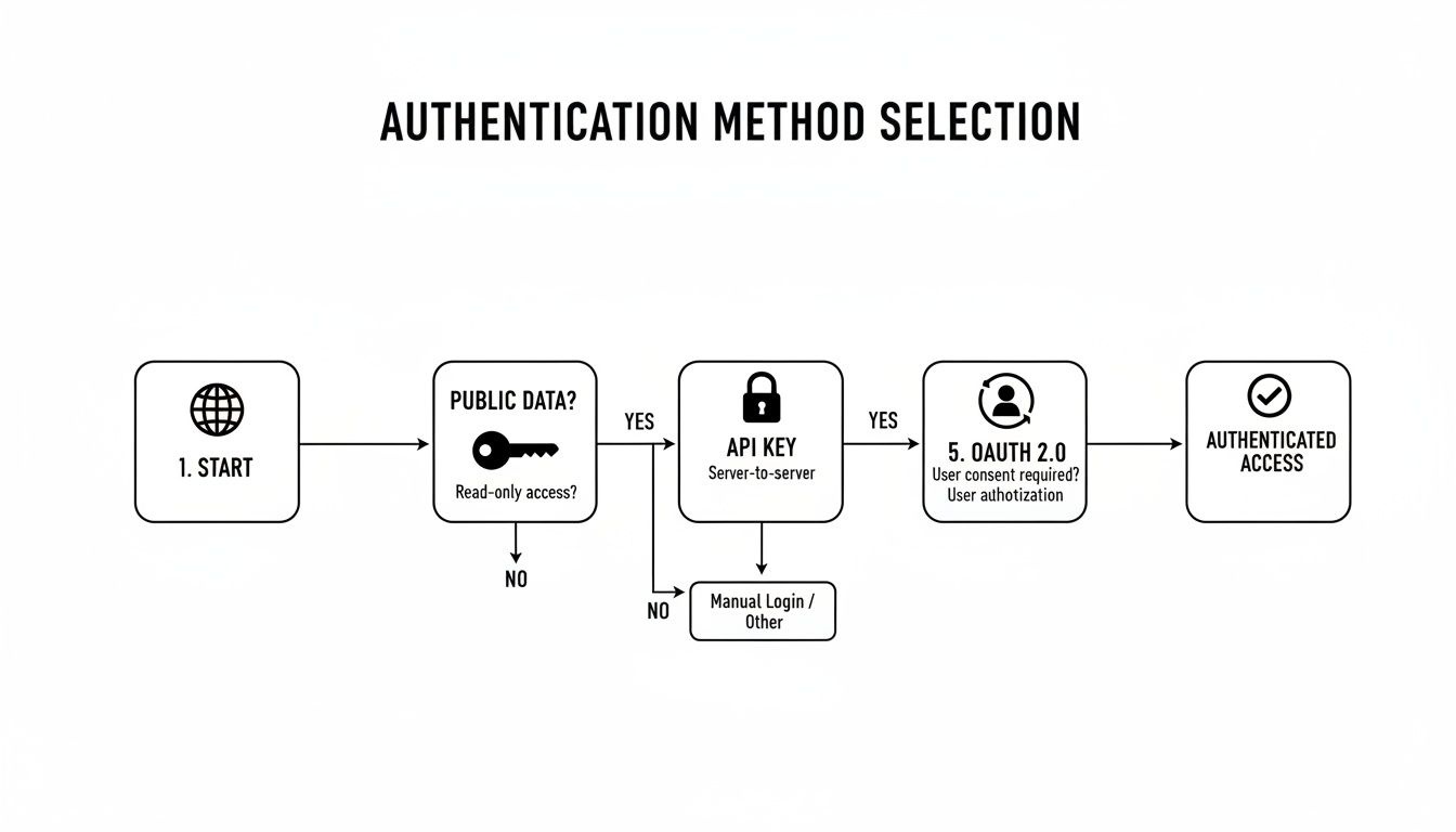 Flowchart outlining the authentication method selection process, including API key and OAuth 2.0.
