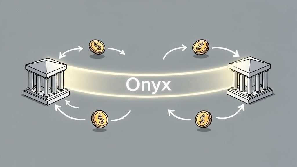 Conceptual illustration of financial institutions exchanging dollar coins via the Onyx platform.