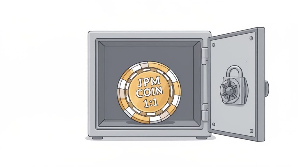 An illustration of an open safe containing a large golden 'JPM COIN 1:1'.