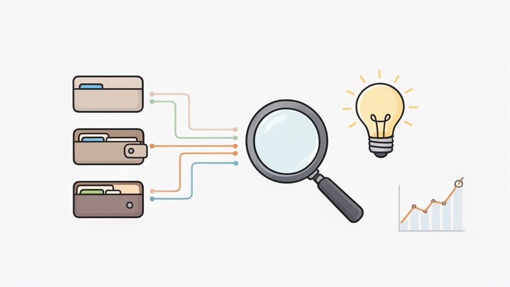 Illustration: Wallets feeding data into a magnifying glass, leading to a light bulb and a growth chart, symbolizing financial insights.