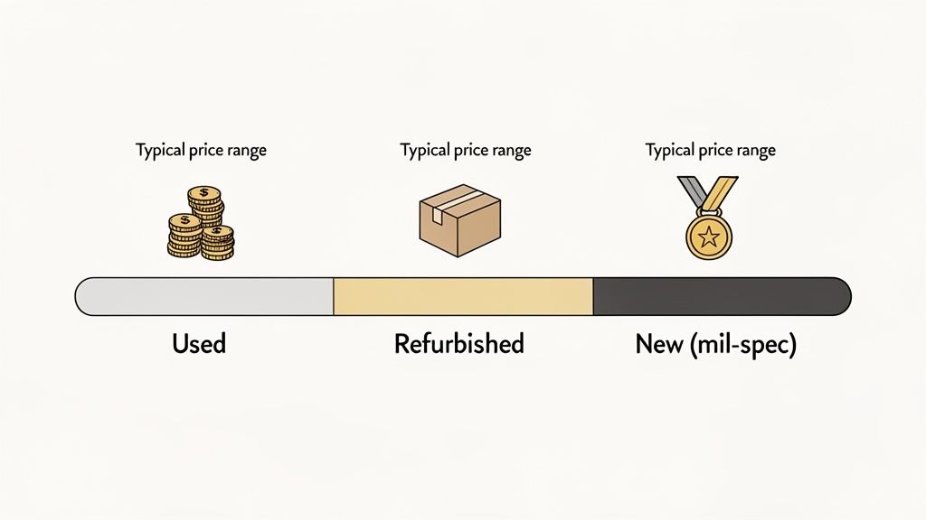 A visual guide illustrating typical price ranges for used, refurbished, and new military-spec items.