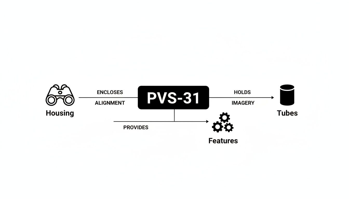A diagram illustrating the PVS-31 night vision device's structure, showing Housing, Tubes, and Features.