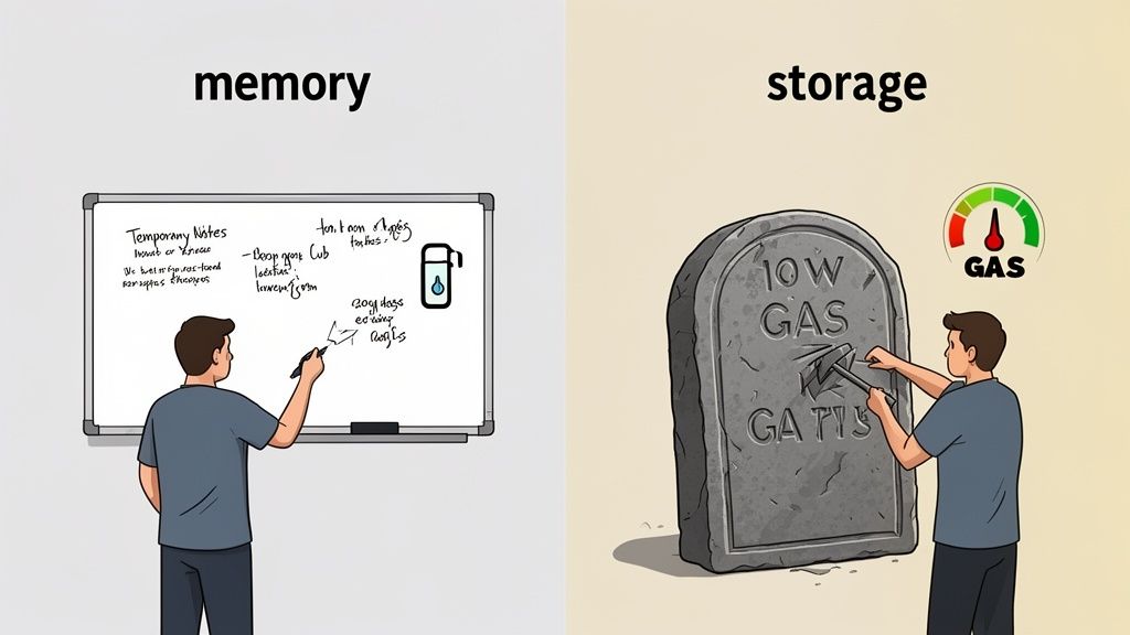Cartoon illustrating memory as temporary whiteboard notes and storage as permanent stone carving.