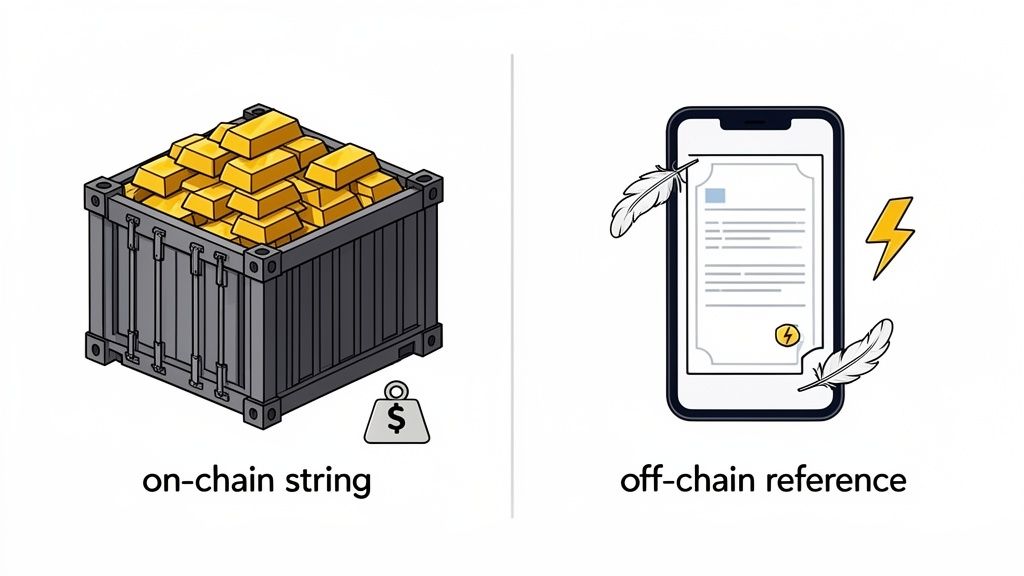 Illustration comparing an on-chain string (gold bars in a container) with an off-chain reference (document on a smartphone).
