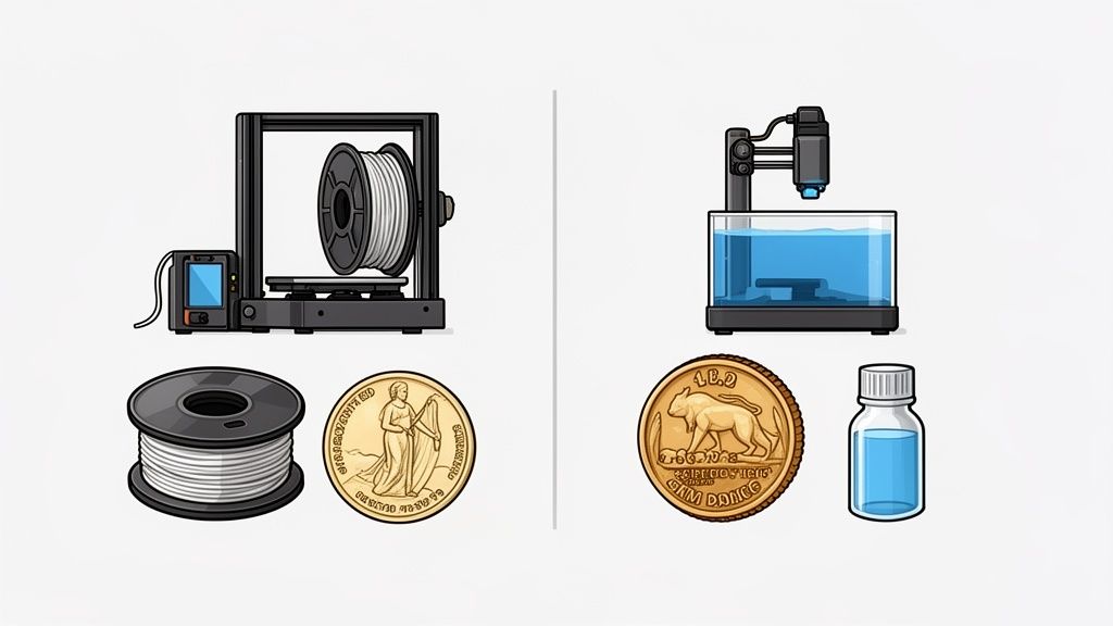 Illustration contrasting FDM and resin 3D printing technologies with their materials and printed gold coins.