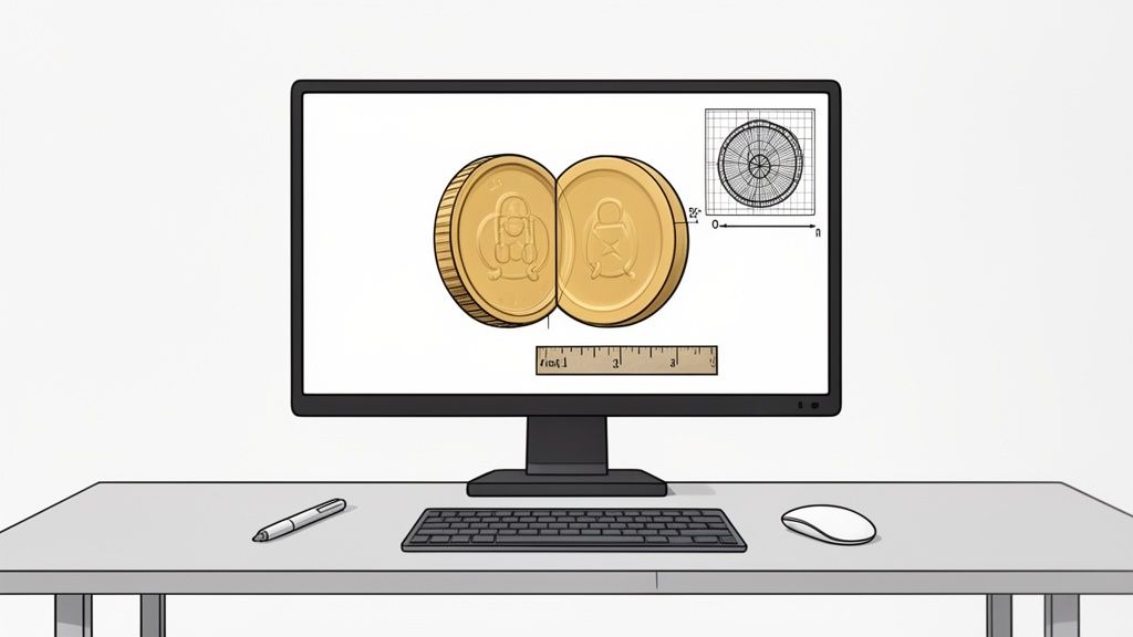 A computer monitor shows a 3D design of two gold coins, with measurement tools, a keyboard, mouse, and pen.