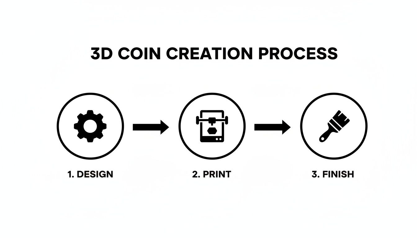 Flowchart illustrating the three-step process of creating a 3D coin: design, print, and finish.