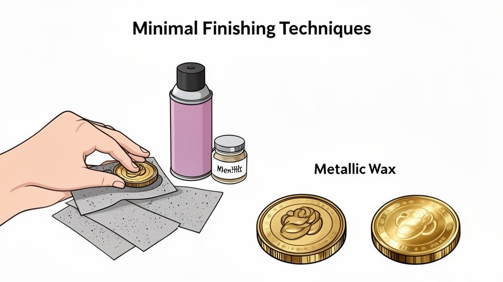 A hand polishes a golden coin with sandpaper, alongside a spray can, wax, and finished metallic coins.