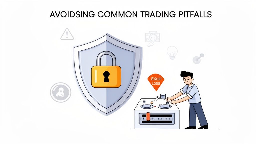 Illustration of a shield and padlock for secure trading, with a man setting a stop-loss to avoid pitfalls.