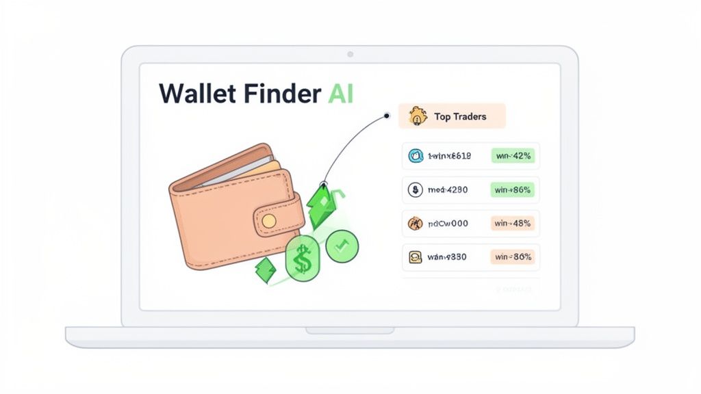 A laptop screen displays 'Wallet Finder AI' with a wallet illustration and a list of top crypto traders.