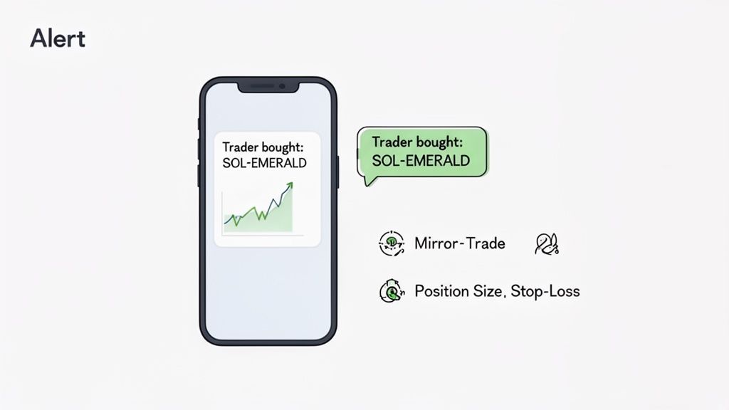 Mobile phone shows an alert for 'SOL-EMERALD' trade, offering mirror-trade and position management.