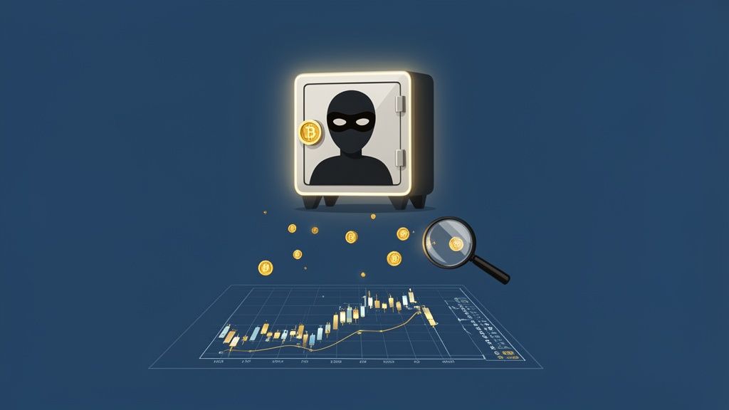 An illustration of a hacker in a safe, bitcoin coins, a magnifying glass, and a crypto trading chart.