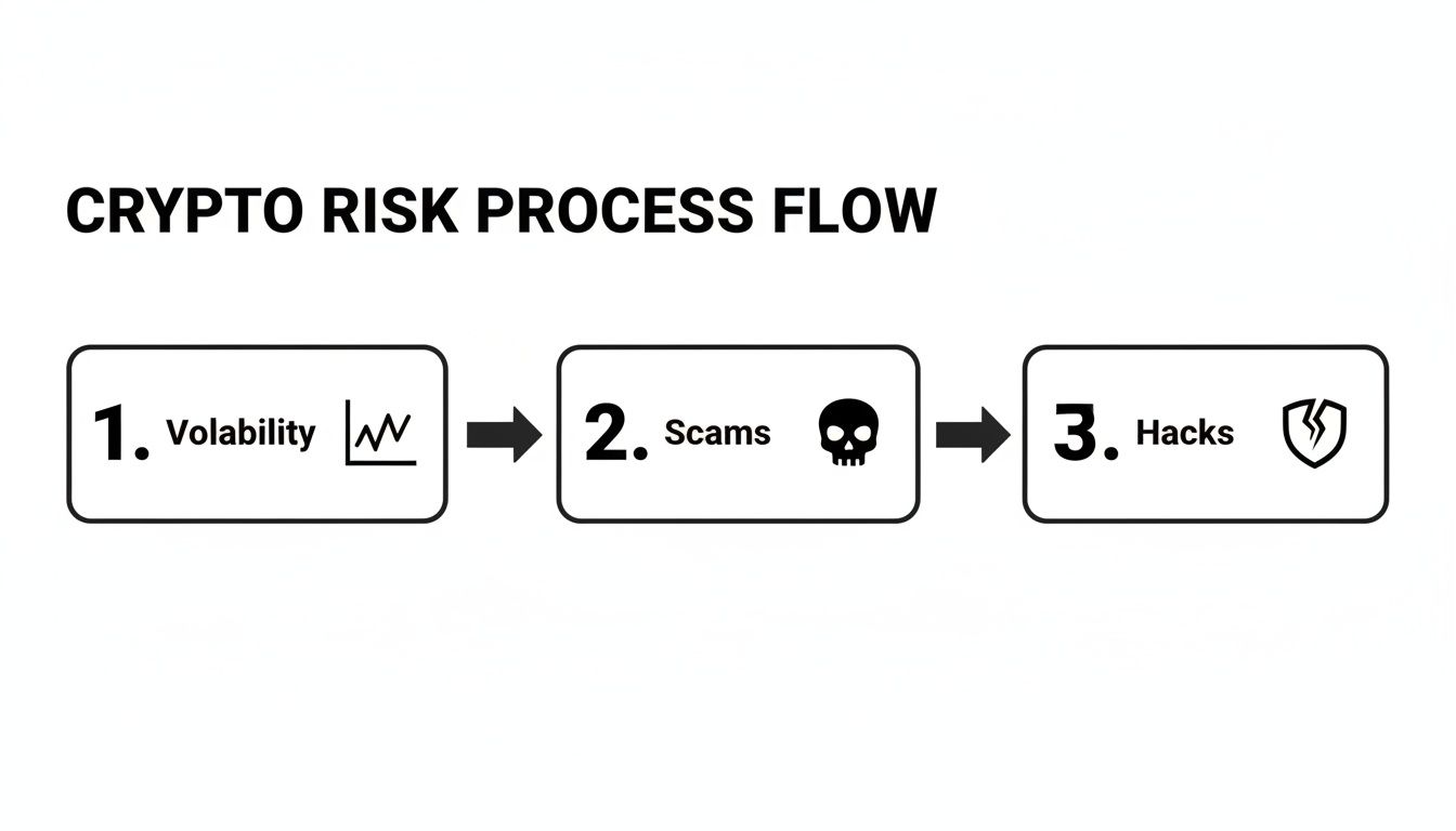 A diagram illustrating the crypto risk process flow, detailing volatility, scams, and hacks.