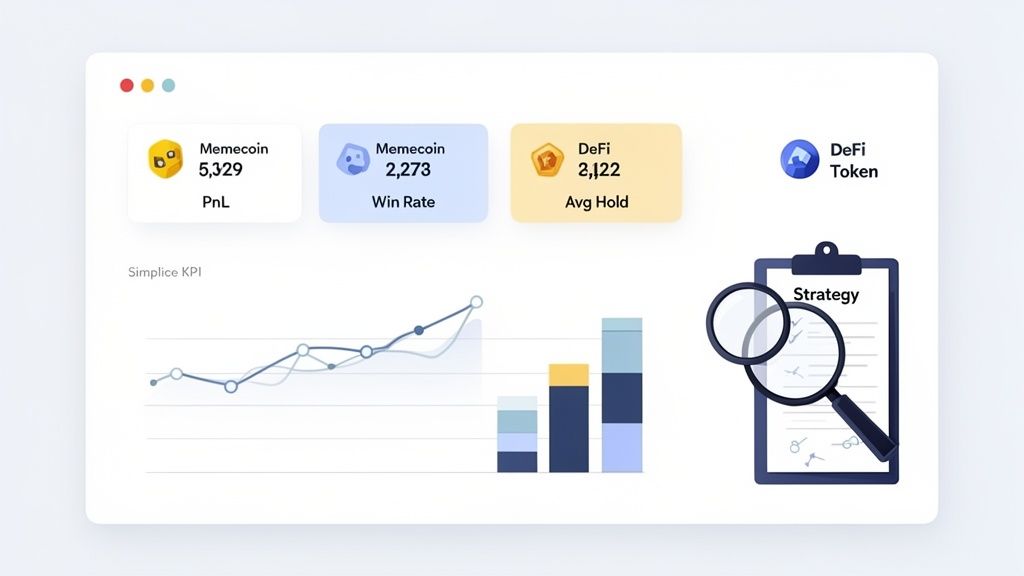 A financial dashboard displaying cryptocurrency metrics like PnL, win rate, average hold, charts, and strategy analysis.