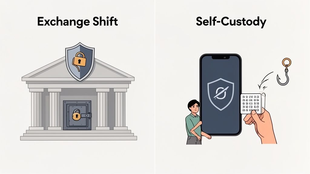 Illustration comparing exchange custody (bank) with self-custody (phone, seed phrase), showing phishing risks.